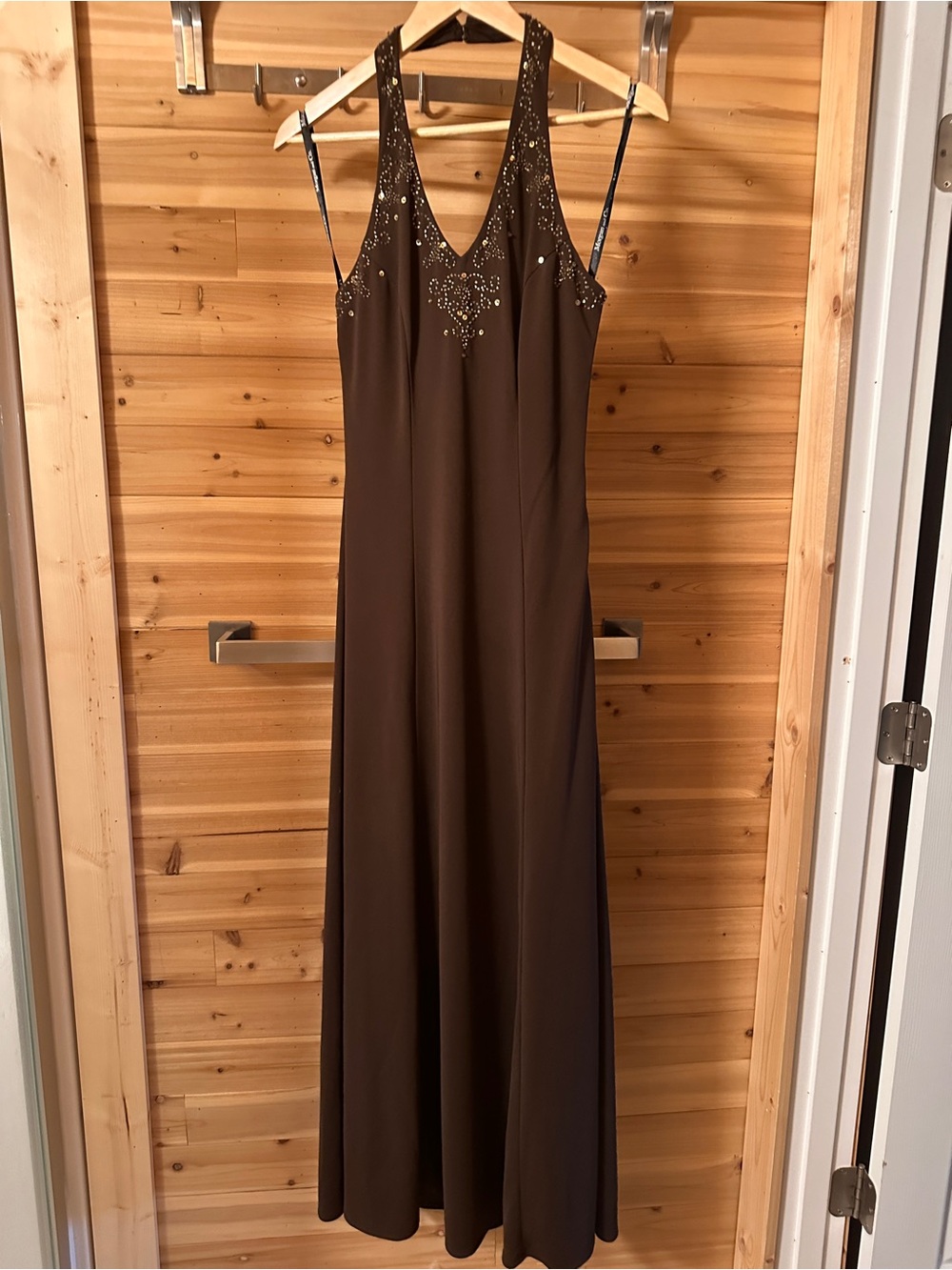 Morgan & Co. Brown Beaded V-Neck Evening Gown